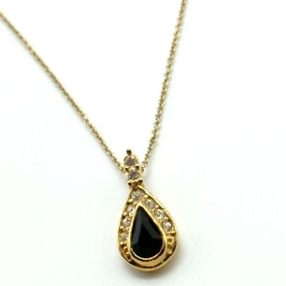 VTG ROMAN Black Rhinestone Teardrop Surrounded by Crystals Pendant Necklace Sign - Picture 1 of 16
